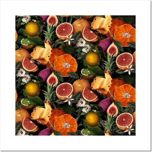 tropical pineapple and oranges botanical illustration, floral tropical fruits, black fruit pattern Posters and Art